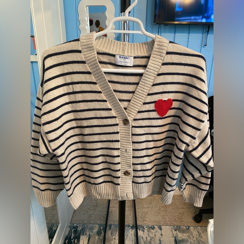 Old Navy Cream and Black Striped Cardigan Sweater